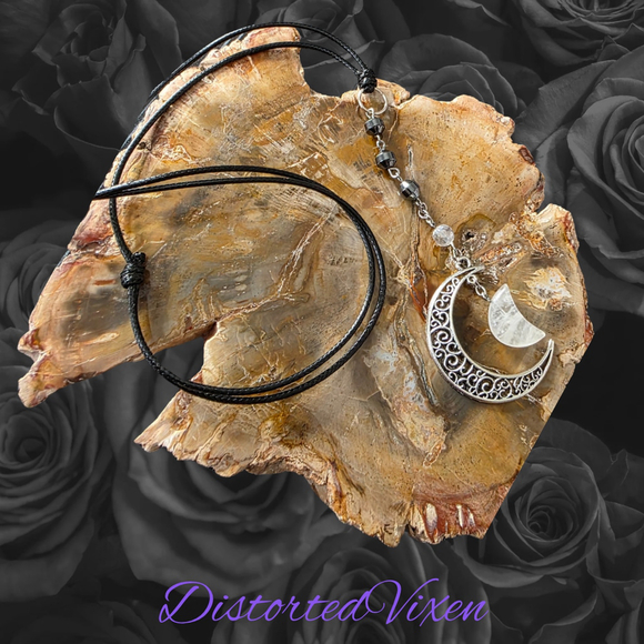 Quartz Moon Pendant Necklace, Hematite Grounding Beads, Clear Quartz Crystal, - Picture 3 of 9